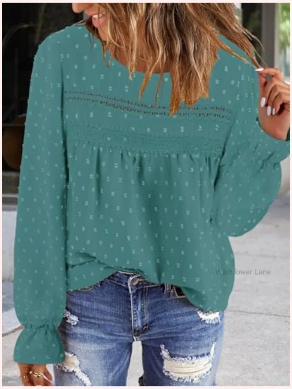 Boho Long Sleeve Crewneck Blouse Flowy Tunic Top